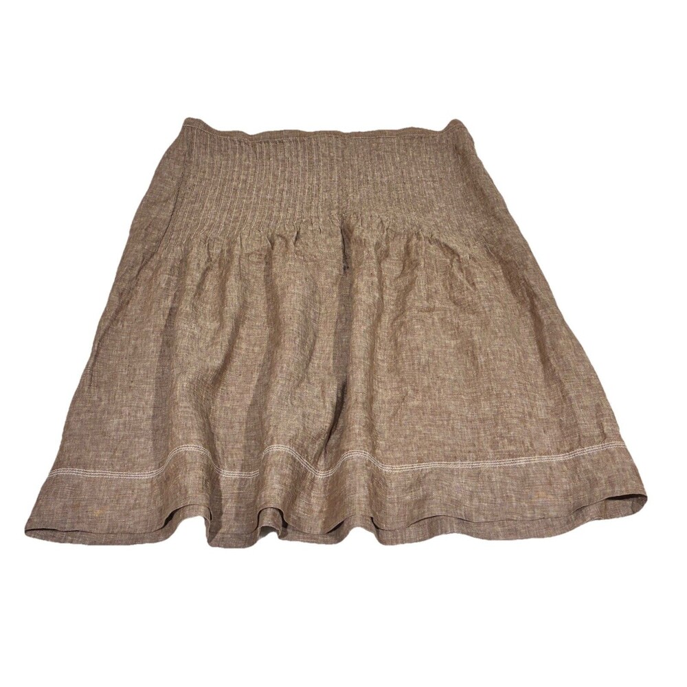 Women 16 Brown 100% Linen Pin Tuck Skirt Flare Knee Length Cottagecore Boho Fall